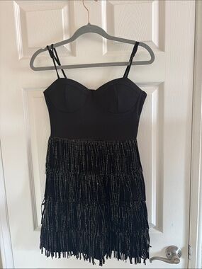 Trixxi Black Fringe Beaded Mini Dress
